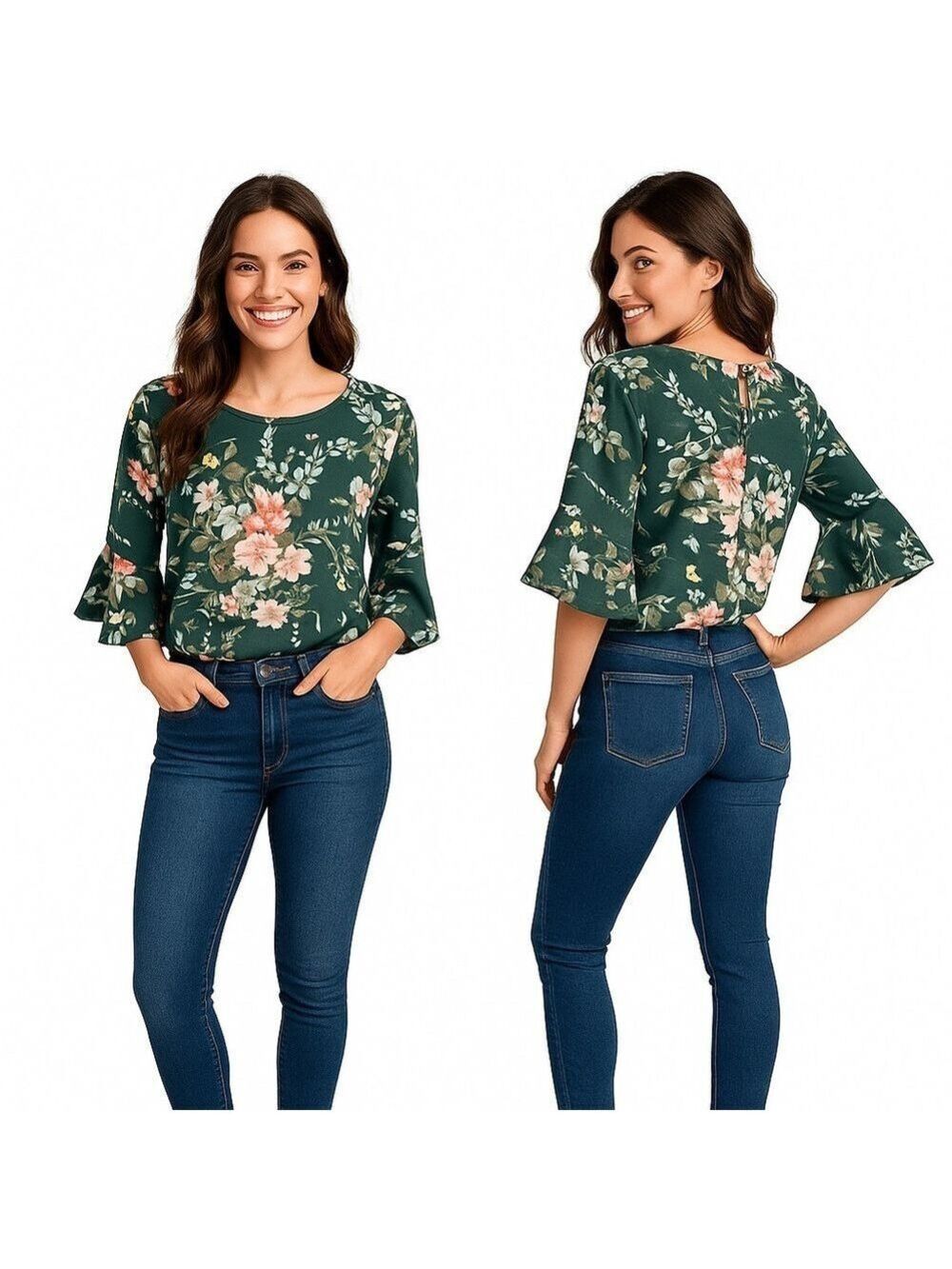 🌸 SHEIN Green Floral Ruffle-Sleeve Blouse | Size M (US 6)